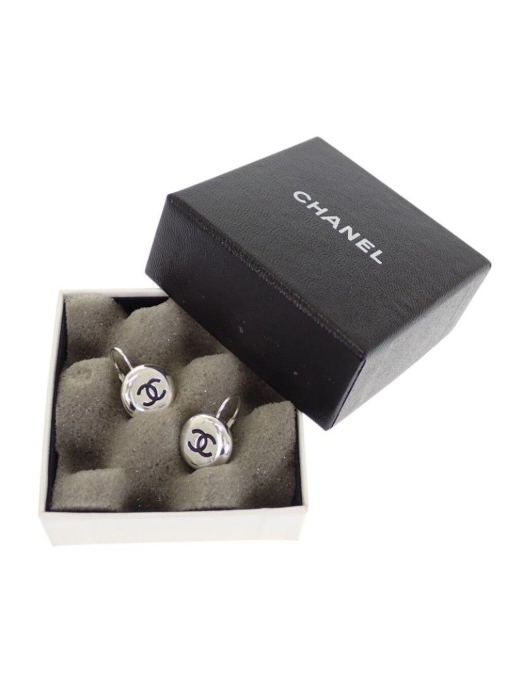 Chanel CC Logo Vintage Hook Earrings Metal Silver Black